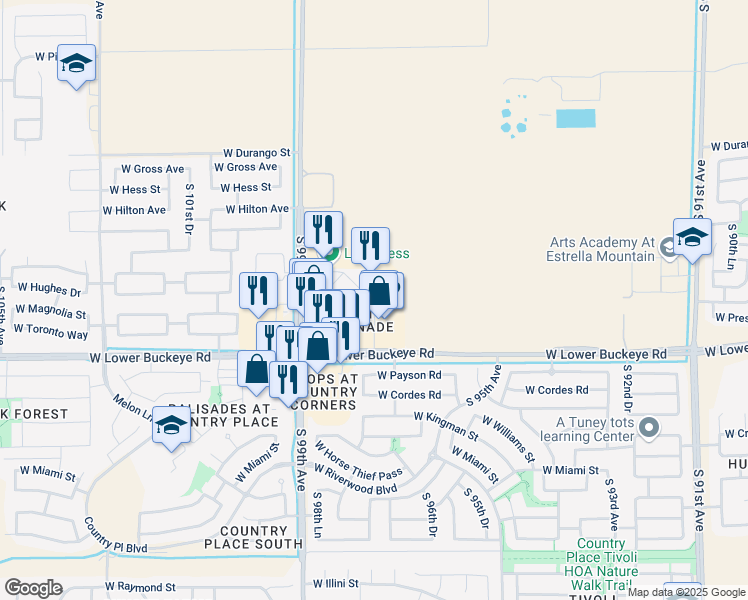 map of restaurants, bars, coffee shops, grocery stores, and more near 9830 West Lower Buckeye Road in Tolleson