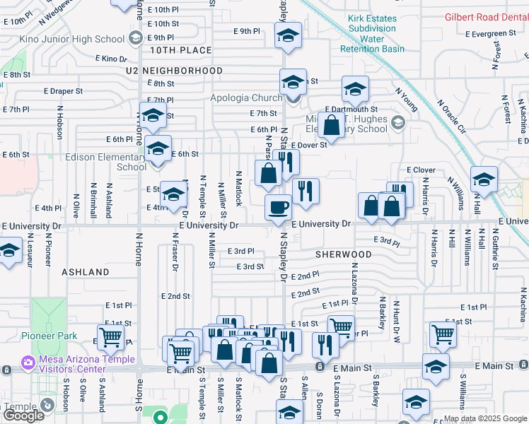 map of restaurants, bars, coffee shops, grocery stores, and more near 1134 East University Drive in Mesa