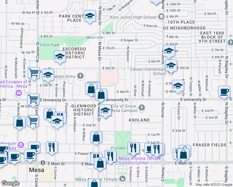 map of restaurants, bars, coffee shops, grocery stores, and more near 423 North Lesueur in Mesa