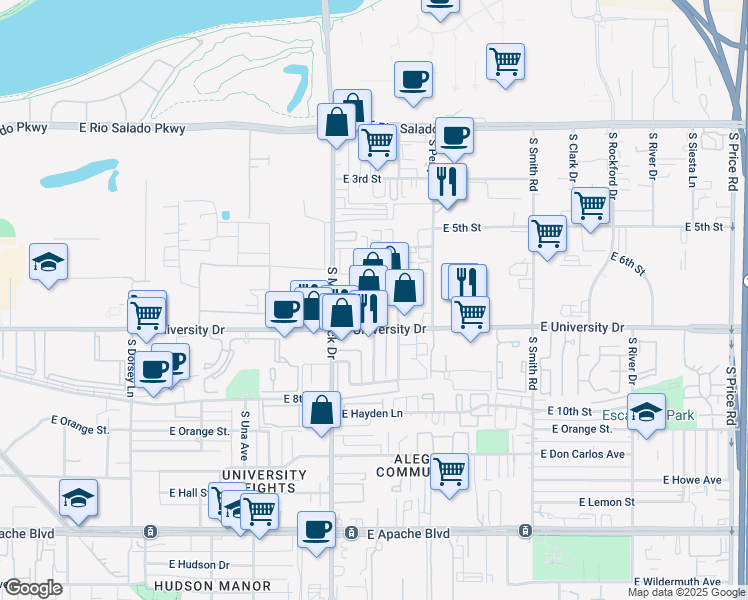 map of restaurants, bars, coffee shops, grocery stores, and more near 1840 East University Drive in Tempe
