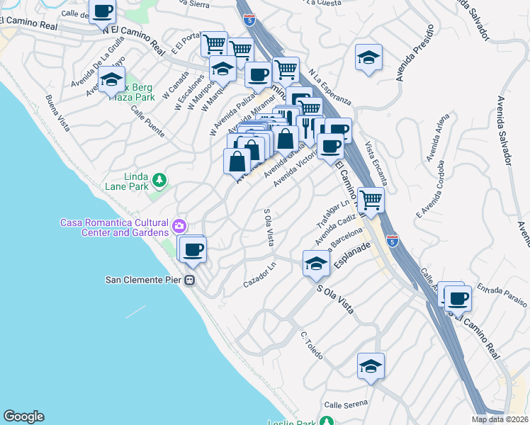 map of restaurants, bars, coffee shops, grocery stores, and more near 245 Avenida Rosa in San Clemente