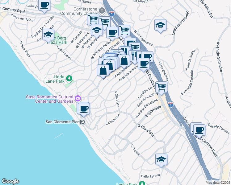 map of restaurants, bars, coffee shops, grocery stores, and more near 401 South Ola Vista in San Clemente