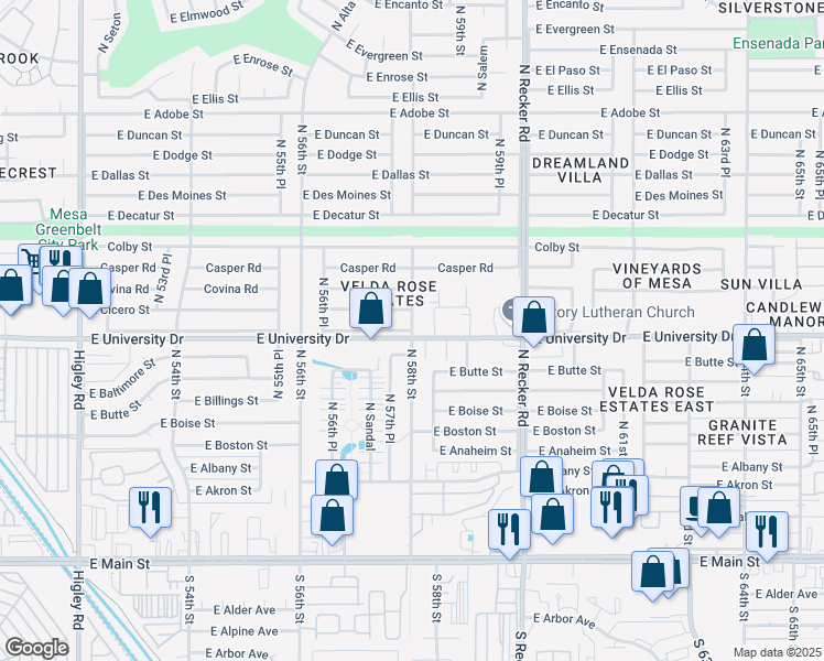 map of restaurants, bars, coffee shops, grocery stores, and more near 406 North 58th Street in Mesa