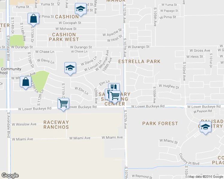 map of restaurants, bars, coffee shops, grocery stores, and more near 10779 West Rio Vista Lane in Avondale