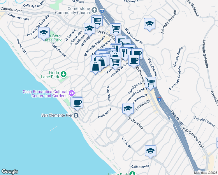 map of restaurants, bars, coffee shops, grocery stores, and more near 401 South Ola Vista in San Clemente