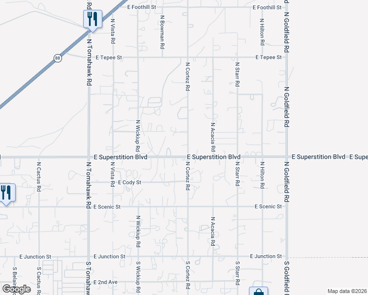 map of restaurants, bars, coffee shops, grocery stores, and more near 850 North Cortez Road in Apache Junction