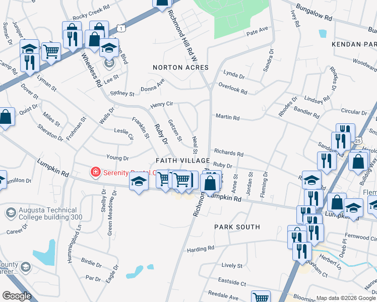 map of restaurants, bars, coffee shops, grocery stores, and more near 2310 Getzen Street in Augusta