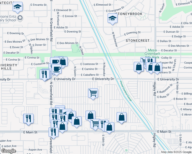 map of restaurants, bars, coffee shops, grocery stores, and more near 4731 East Caballero Street in Mesa