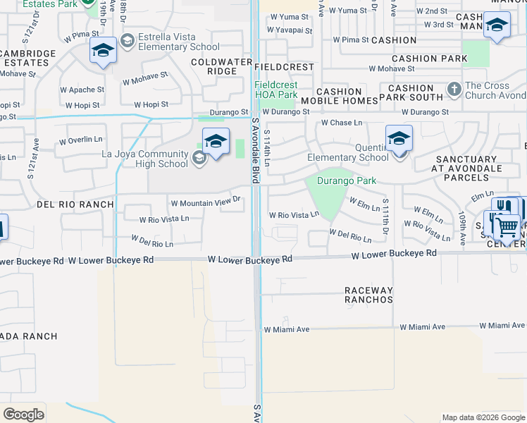 map of restaurants, bars, coffee shops, grocery stores, and more near 2521 South 115th Drive in Avondale