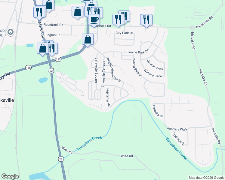 map of restaurants, bars, coffee shops, grocery stores, and more near 4025 Mission Way in McDonough