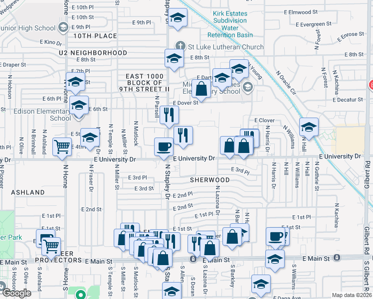 map of restaurants, bars, coffee shops, grocery stores, and more near 425 North Stapley Drive in Mesa
