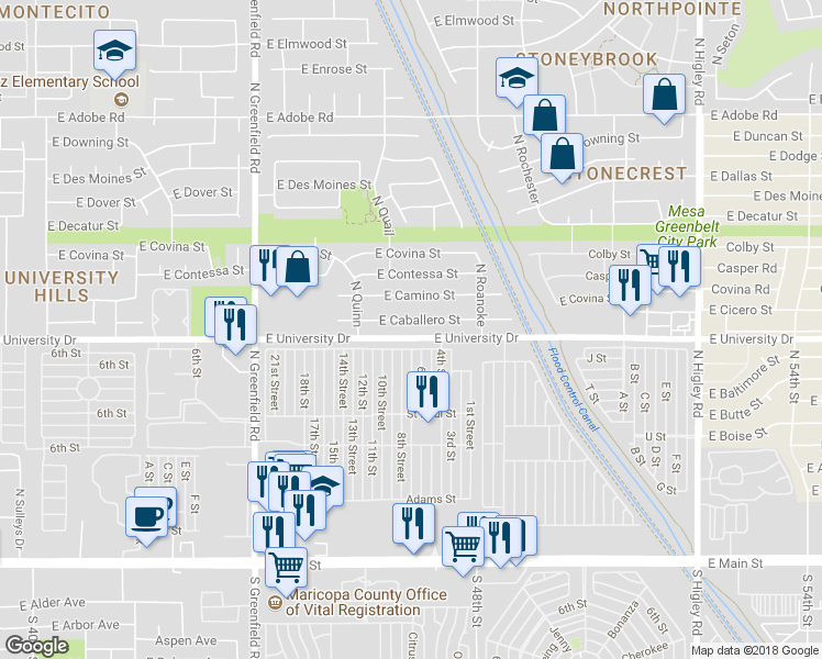 map of restaurants, bars, coffee shops, grocery stores, and more near 4651 East Caballero Street in Mesa