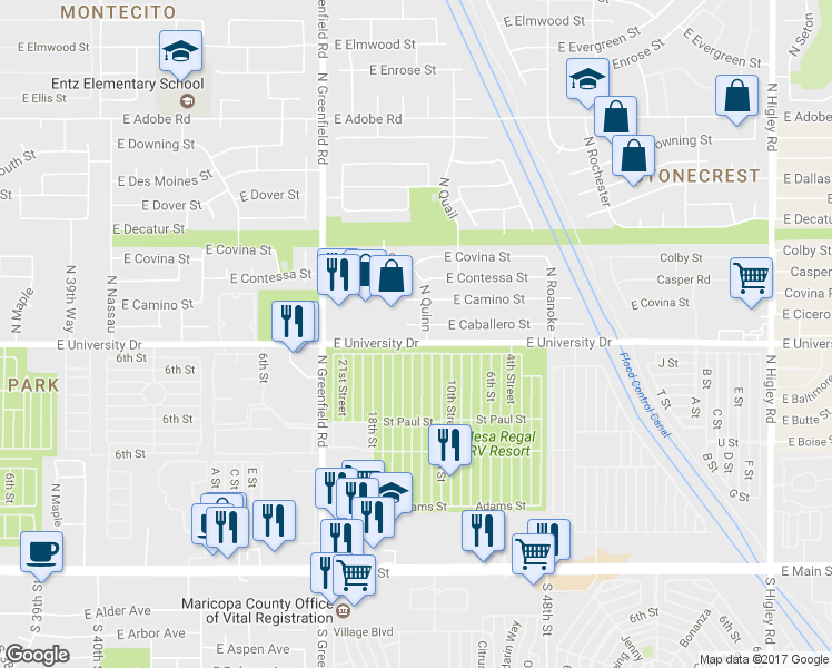 map of restaurants, bars, coffee shops, grocery stores, and more near 4454 East University Drive in Mesa