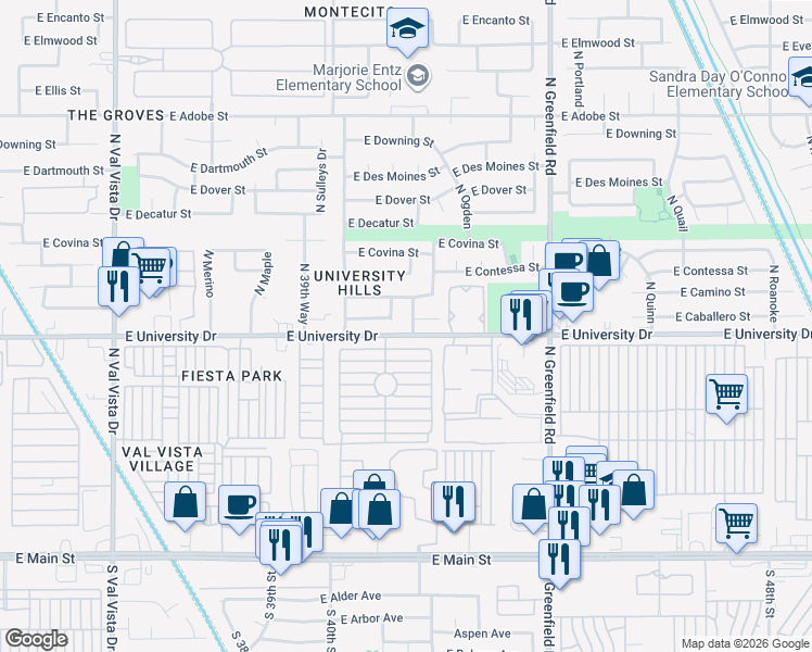 map of restaurants, bars, coffee shops, grocery stores, and more near 405 North Norwalk in Mesa