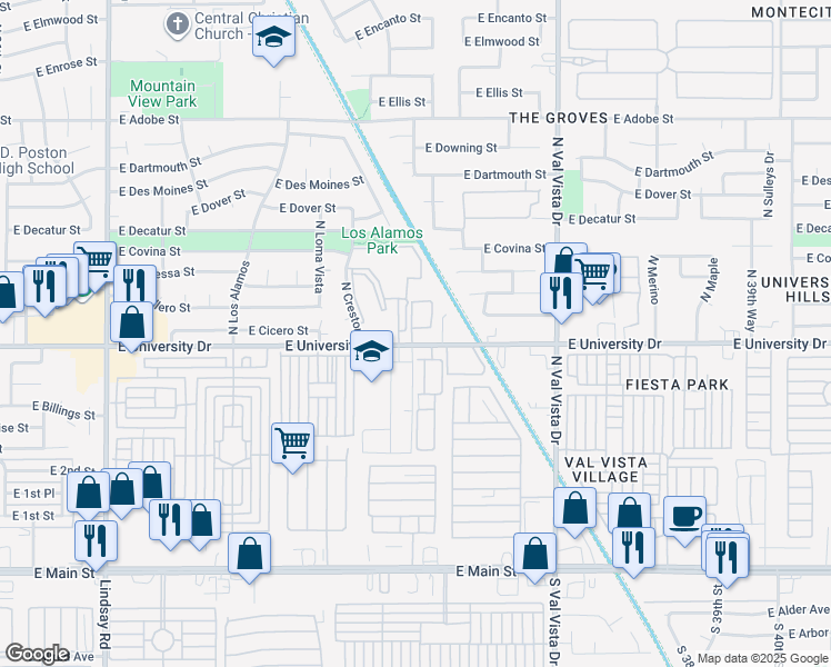 map of restaurants, bars, coffee shops, grocery stores, and more near 3429 North University Place in Mesa