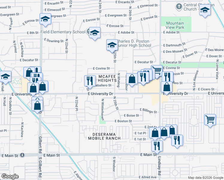 map of restaurants, bars, coffee shops, grocery stores, and more near 2442 East University Drive in Mesa