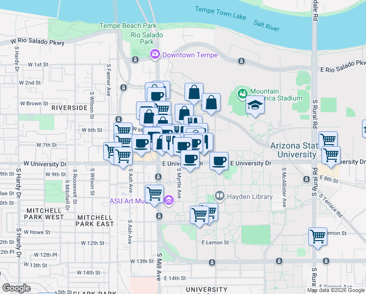 map of restaurants, bars, coffee shops, grocery stores, and more near 114 East 7th Street in Tempe
