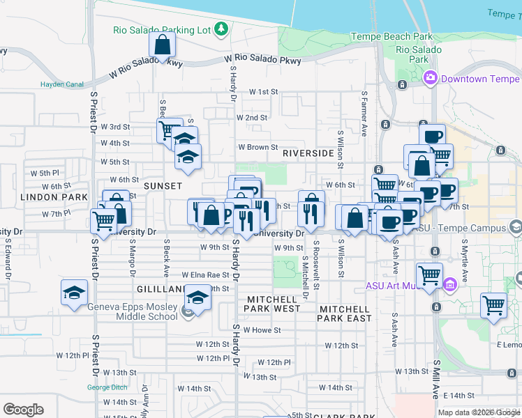 map of restaurants, bars, coffee shops, grocery stores, and more near 960 West University Drive in Tempe