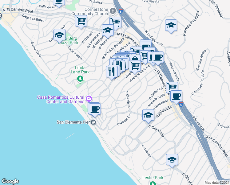 map of restaurants, bars, coffee shops, grocery stores, and more near 258 Avenida Victoria in San Clemente