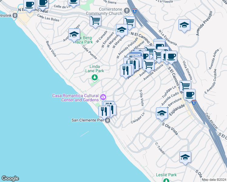 map of restaurants, bars, coffee shops, grocery stores, and more near 327 Avenida Cabrillo in San Clemente