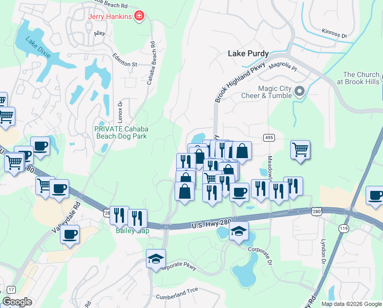 map of restaurants, bars, coffee shops, grocery stores, and more near 804 Meadow Drive in Birmingham
