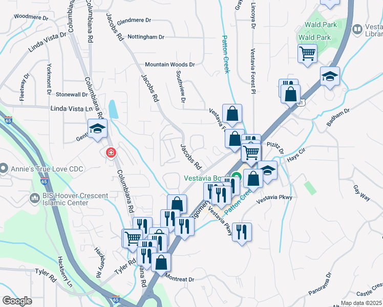 map of restaurants, bars, coffee shops, grocery stores, and more near 1810 Arboretum Circle in Vestavia Hills