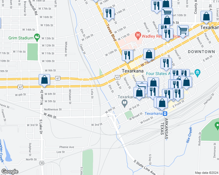 map of restaurants, bars, coffee shops, grocery stores, and more near 601-699 Elm Street in Texarkana
