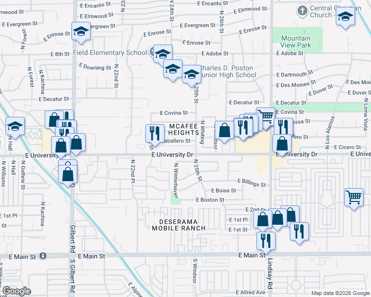 map of restaurants, bars, coffee shops, grocery stores, and more near 2442 East University Drive in Mesa