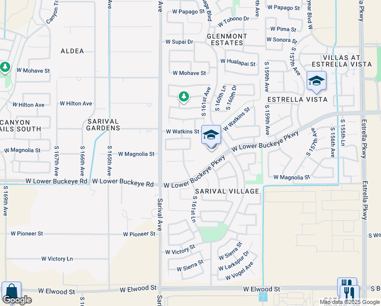 map of restaurants, bars, coffee shops, grocery stores, and more near 16131 West Hammond Street in Goodyear