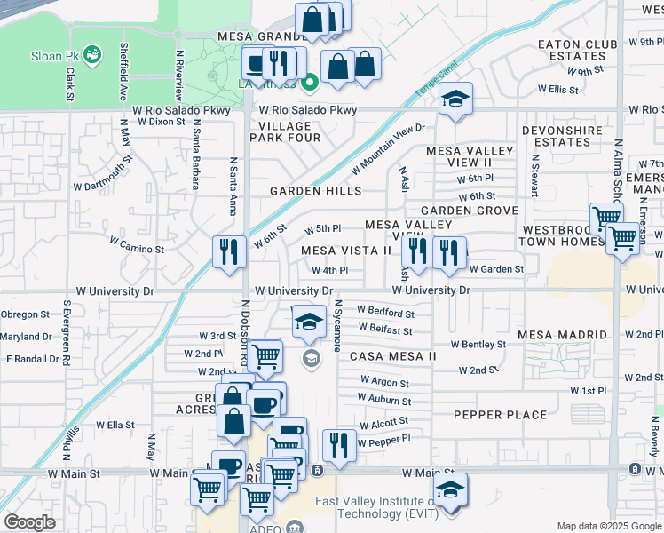 map of restaurants, bars, coffee shops, grocery stores, and more near 435 North Cholla in Mesa