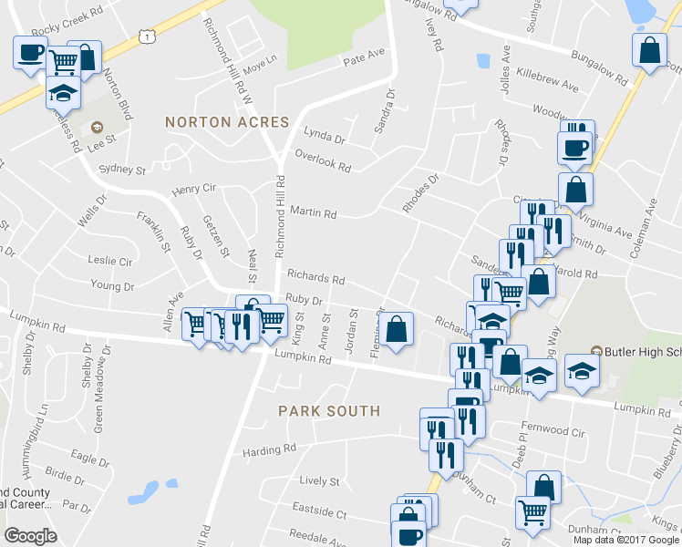 map of restaurants, bars, coffee shops, grocery stores, and more near 2217 Richards Road in Augusta