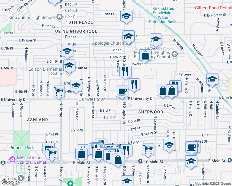 map of restaurants, bars, coffee shops, grocery stores, and more near 1134 East University Drive in Mesa