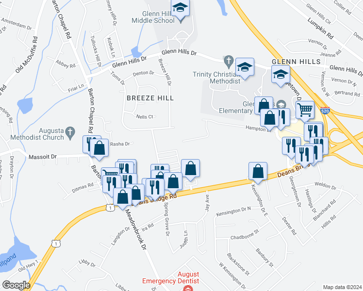 map of restaurants, bars, coffee shops, grocery stores, and more near 3230 Hampton Circle in Augusta