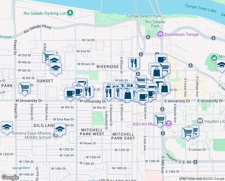map of restaurants, bars, coffee shops, grocery stores, and more near 701 South Roosevelt Street in Tempe