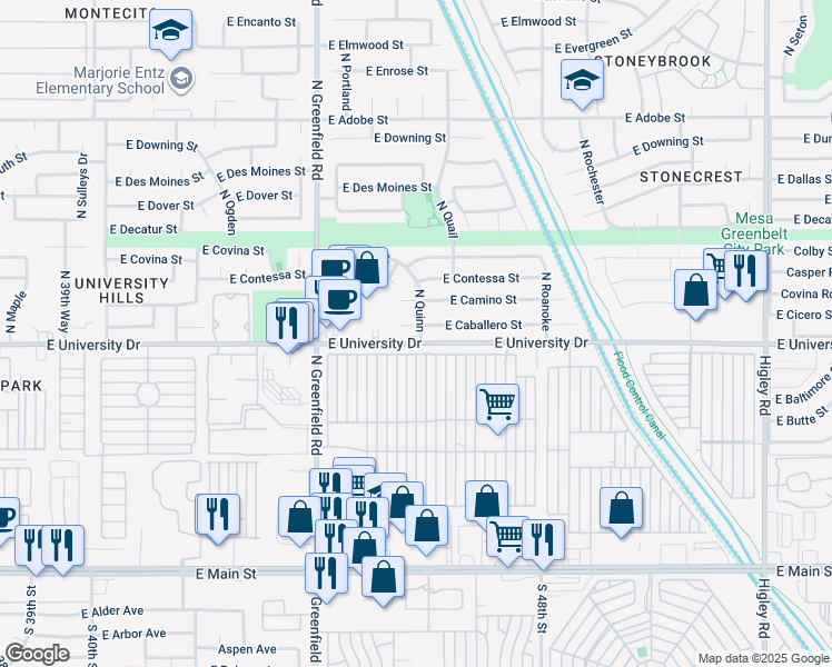 map of restaurants, bars, coffee shops, grocery stores, and more near 4553 East Caballero Circle in Mesa