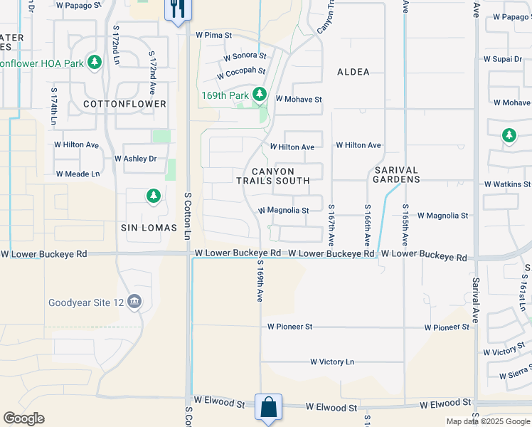 map of restaurants, bars, coffee shops, grocery stores, and more near 16859 West Magnolia Street in Goodyear