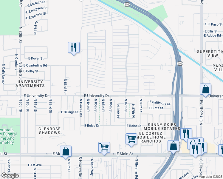 map of restaurants, bars, coffee shops, grocery stores, and more near East Viewpoint Trailer Resort in Mesa