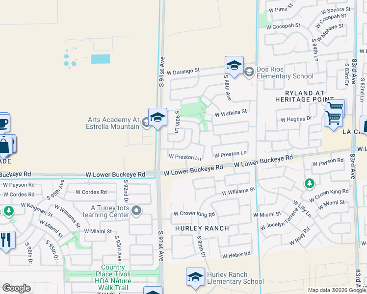 map of restaurants, bars, coffee shops, grocery stores, and more near 9006 West Toronto Way in Tolleson