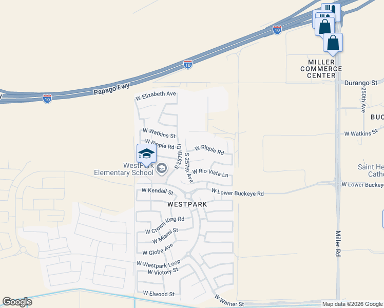 map of restaurants, bars, coffee shops, grocery stores, and more near 2570 South 257th Avenue in Buckeye