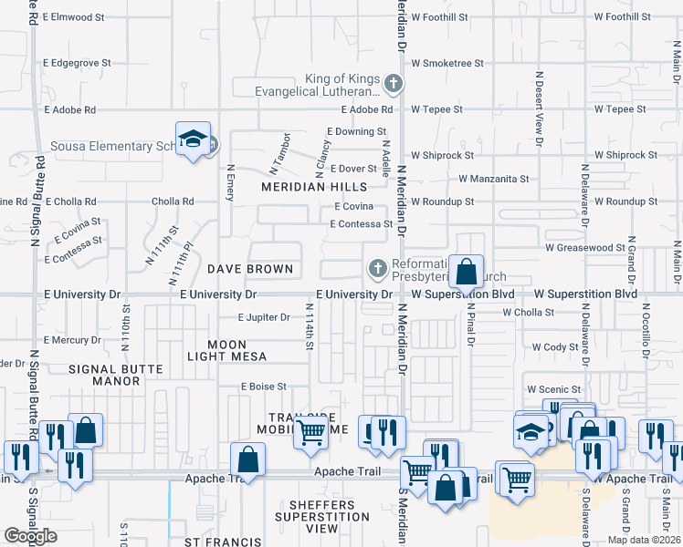 map of restaurants, bars, coffee shops, grocery stores, and more near 11446 East Cicero Street in Mesa