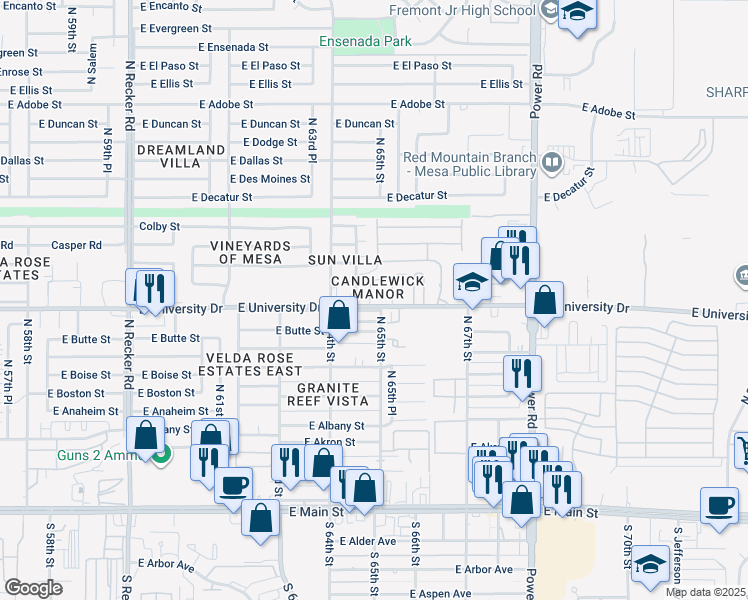 map of restaurants, bars, coffee shops, grocery stores, and more near 36 Candlewick Manor Apartment in Mesa