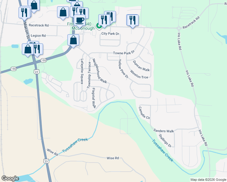 map of restaurants, bars, coffee shops, grocery stores, and more near 4040 Tussahaw Crossing in McDonough