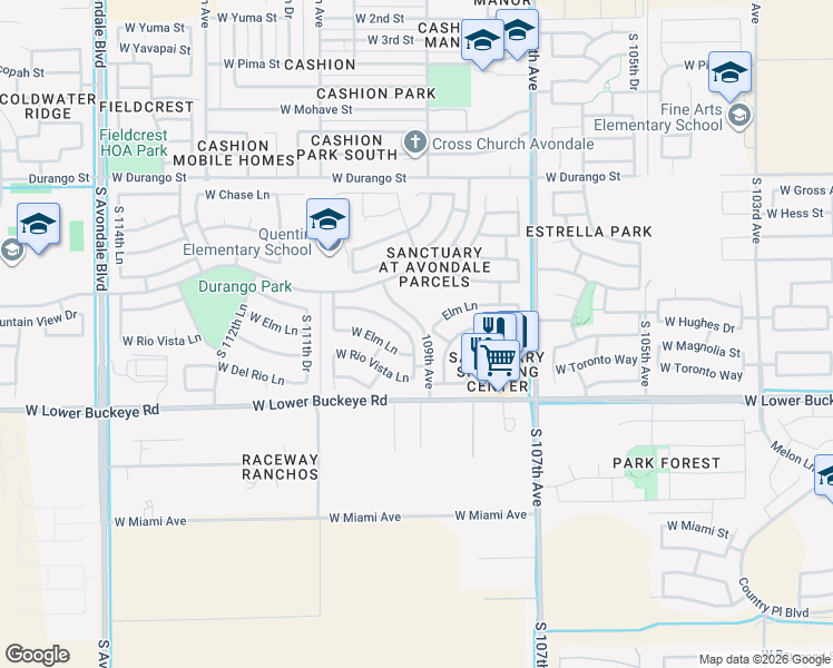 map of restaurants, bars, coffee shops, grocery stores, and more near 2505 South 109th Drive in Avondale