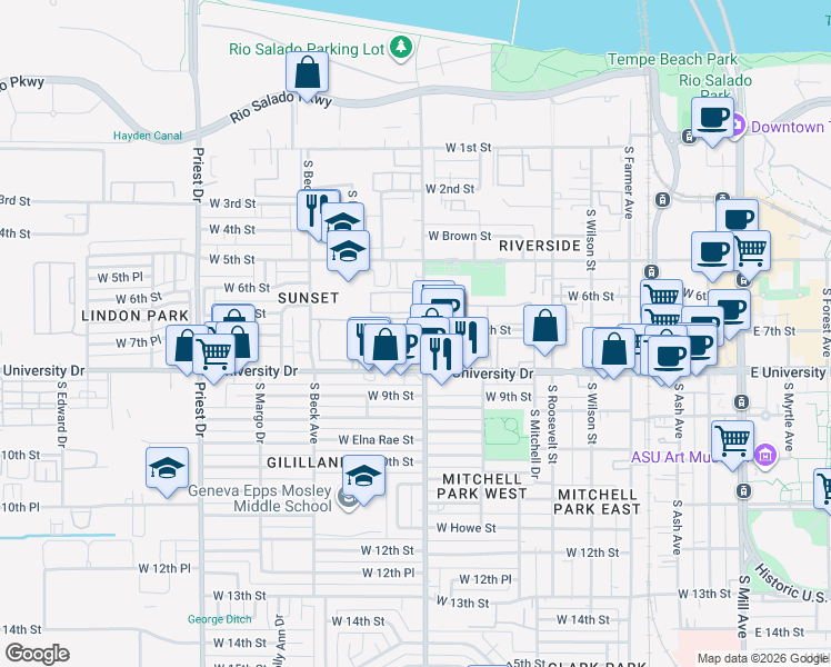 map of restaurants, bars, coffee shops, grocery stores, and more near 710 South Hardy Drive in Tempe