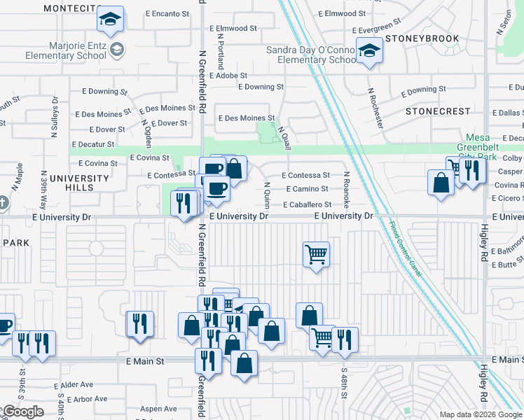 map of restaurants, bars, coffee shops, grocery stores, and more near 4541 East Caballero Circle in Mesa