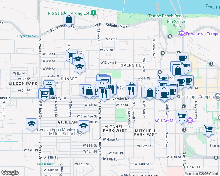 map of restaurants, bars, coffee shops, grocery stores, and more near 960 West University Drive in Tempe