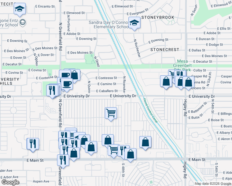 map of restaurants, bars, coffee shops, grocery stores, and more near 4731 East Caballero Street in Mesa