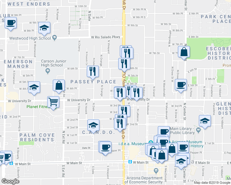 map of restaurants, bars, coffee shops, grocery stores, and more near 425 North Vineyard in Mesa