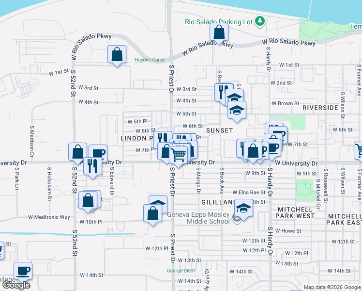 map of restaurants, bars, coffee shops, grocery stores, and more near 712 South Darrow Drive in Tempe