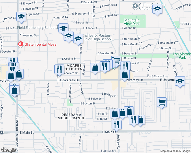 map of restaurants, bars, coffee shops, grocery stores, and more near 419 North Windsor in Mesa